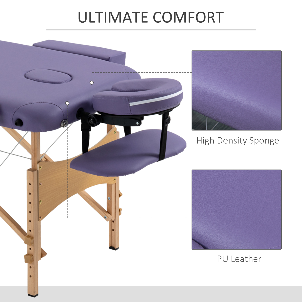 HOMCOM Portable Massage Table with Adjustable Height, Detachable Headrest & Carry Bag – Folding Beauty Bed, Purple