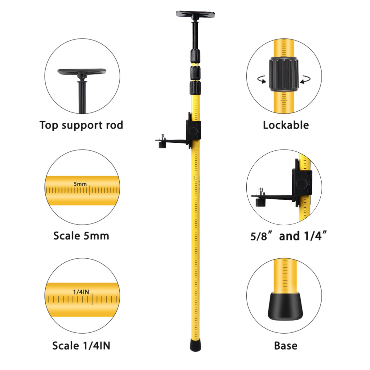 2.8m Telescoping Laser Level Pole with Mounting Bracket for Rotary and Line Lasers – Aluminium Alloy