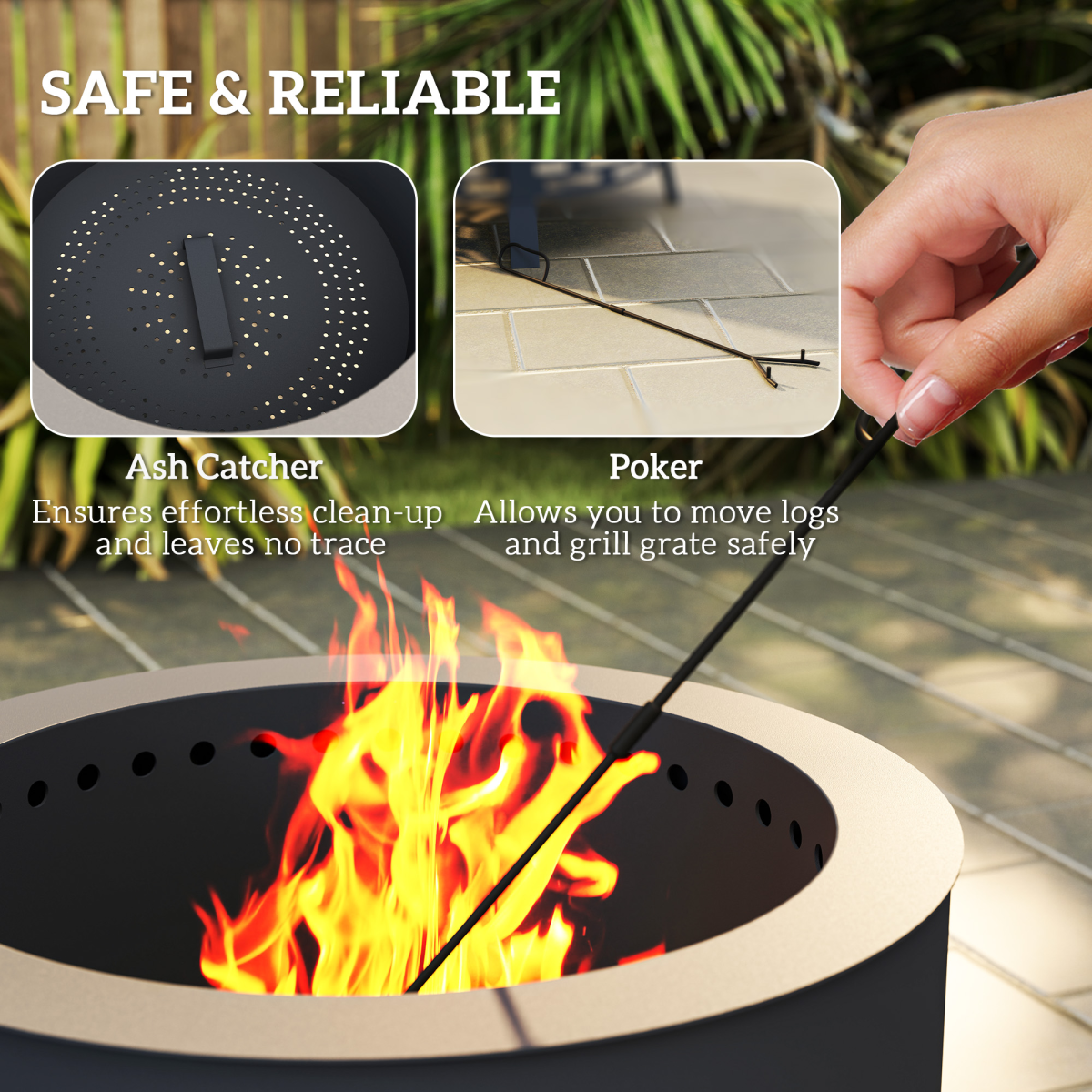 Outsunny Portable Fire Pit with Grill Grate and Poker, 58cm Round Steel Firepit – Garden BBQ Pit, Black
