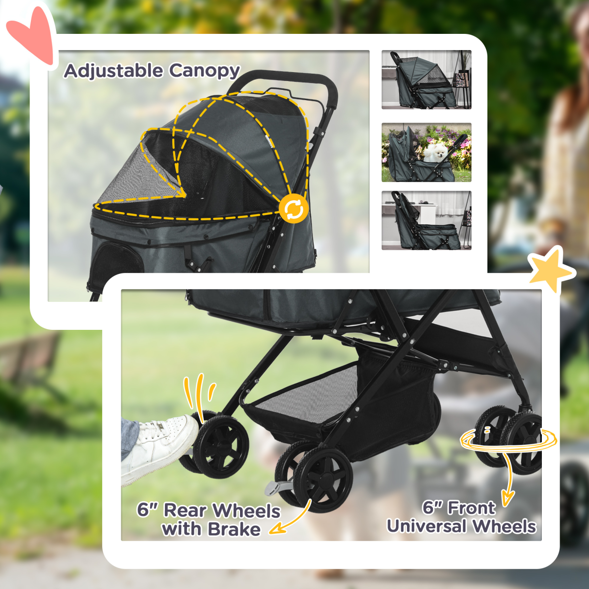 Pawhut Foldable Dog Pet Stroller with Reversible Handle, Canopy and Storage Basket – Travel Carriage, Grey