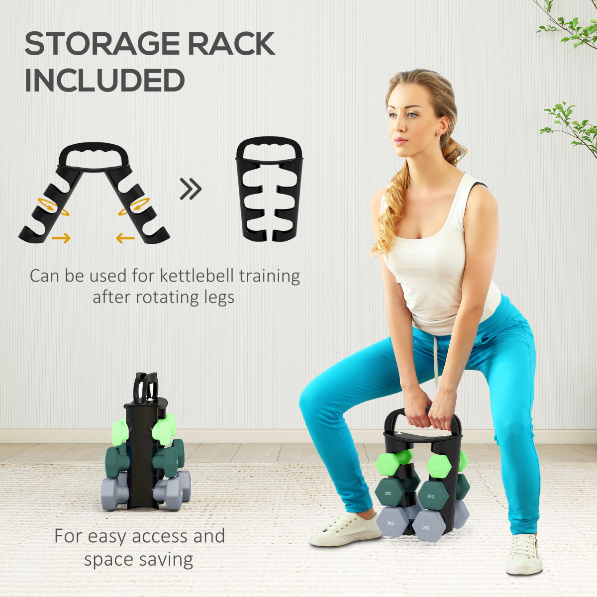 Dumbbell Set with Storage Rack, 12kg Total (2 x 1kg, 2 x 2kg, 2 x 3kg) – Home Gym Hand Weights, Green