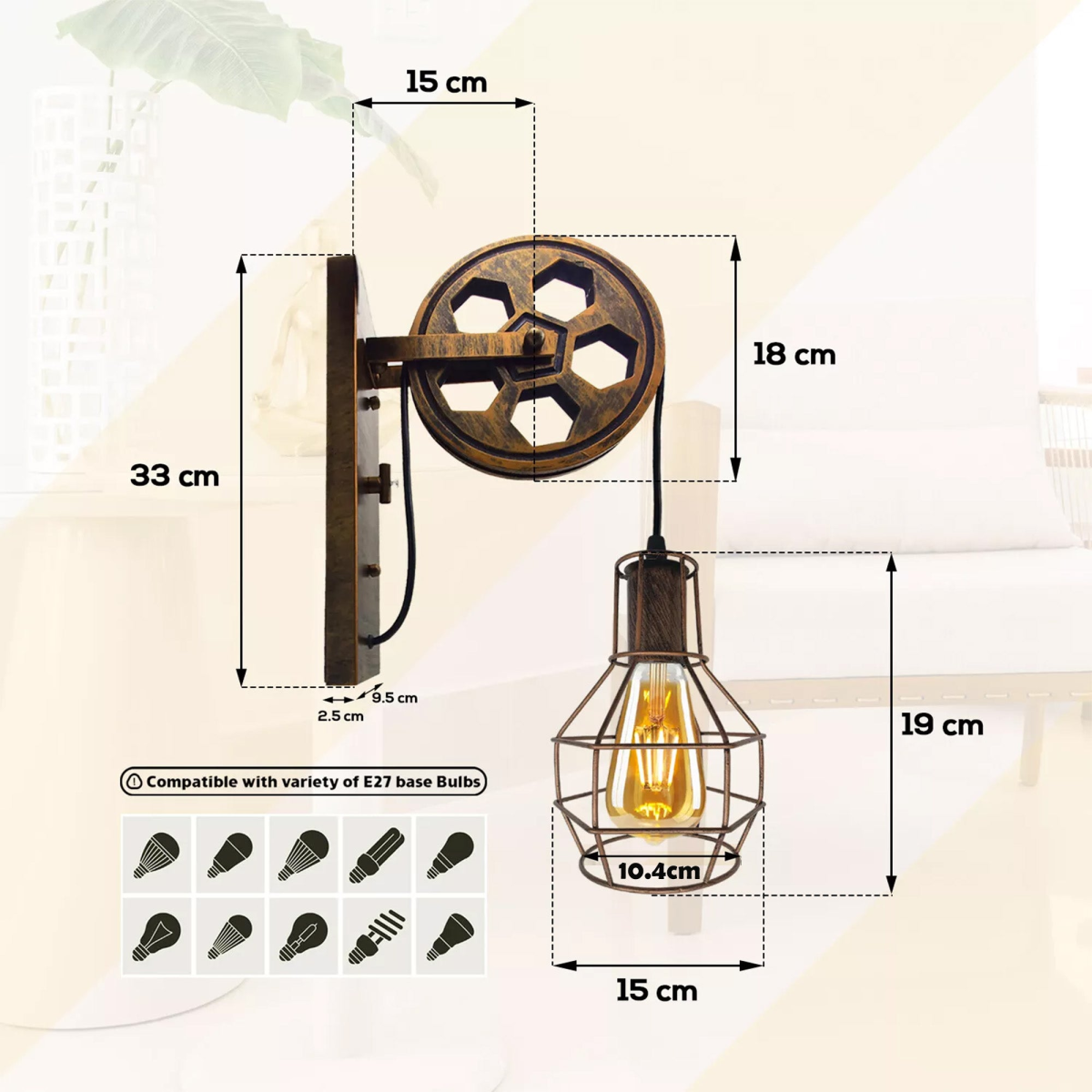 LEDSone Retro Pulley Wheel Cage Wall Light with E27 Holder & Adjustable Hanging Cable – Brushed Copper