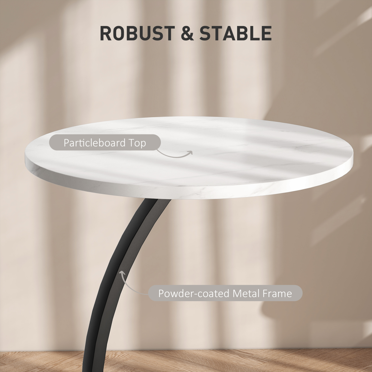 HOMCOM C-Shaped Side Table with Marble-Effect Top – Round Sofa & Bedside Table, White