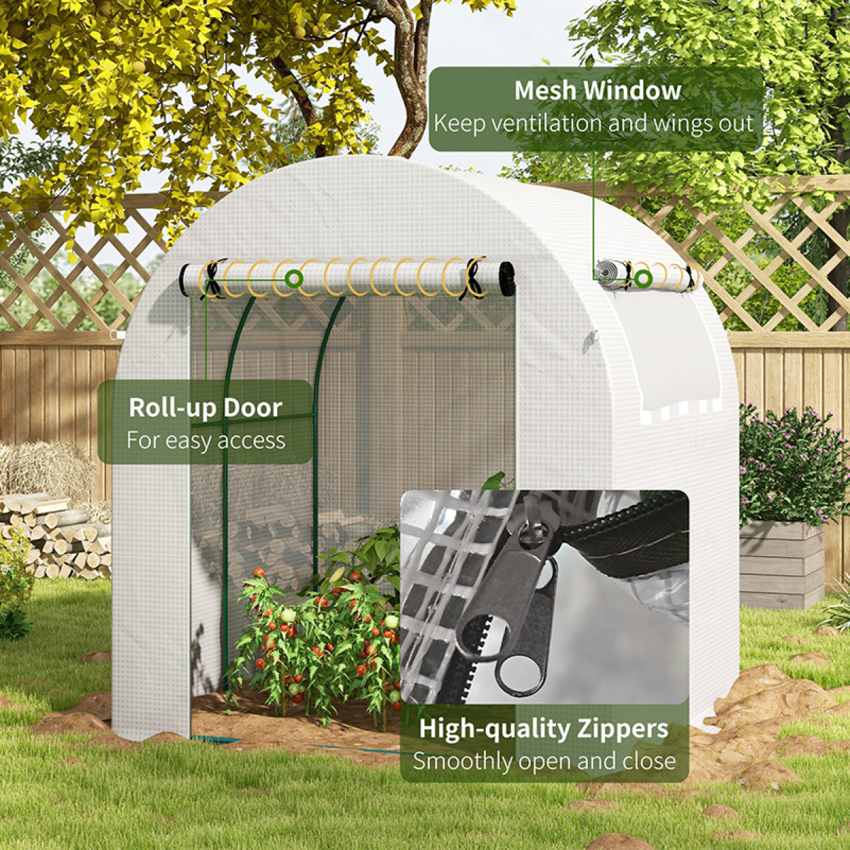 Outsunny 180 x 180 x 200cm Walk-In Polytunnel Greenhouse with Roll-Up Door and Window, PE Cover, White