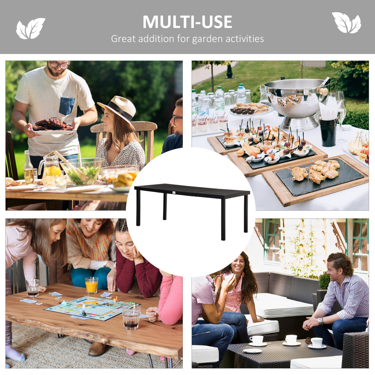 Outsunny Outdoor Dining Table for 8 with Water-Resistant Wood-Effect Top & Aluminium Frame – Patio, Black