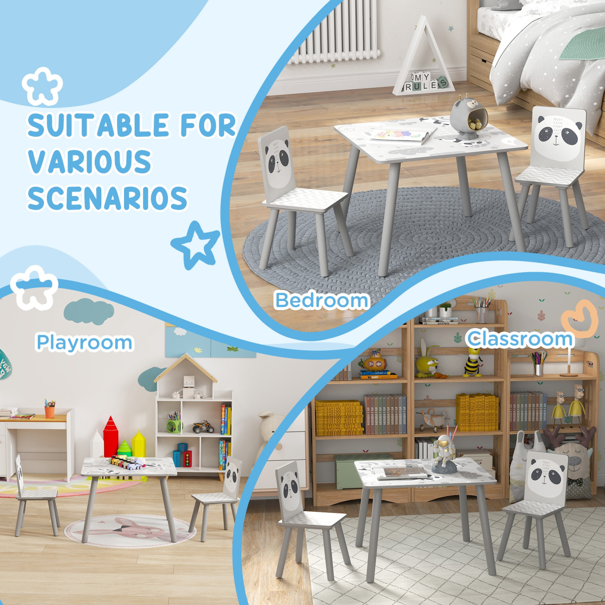 ZONEKIZ Kids Table and 2 Chairs Set – Three-Piece Toddler Activity Desk for Crafts & Homework, Grey