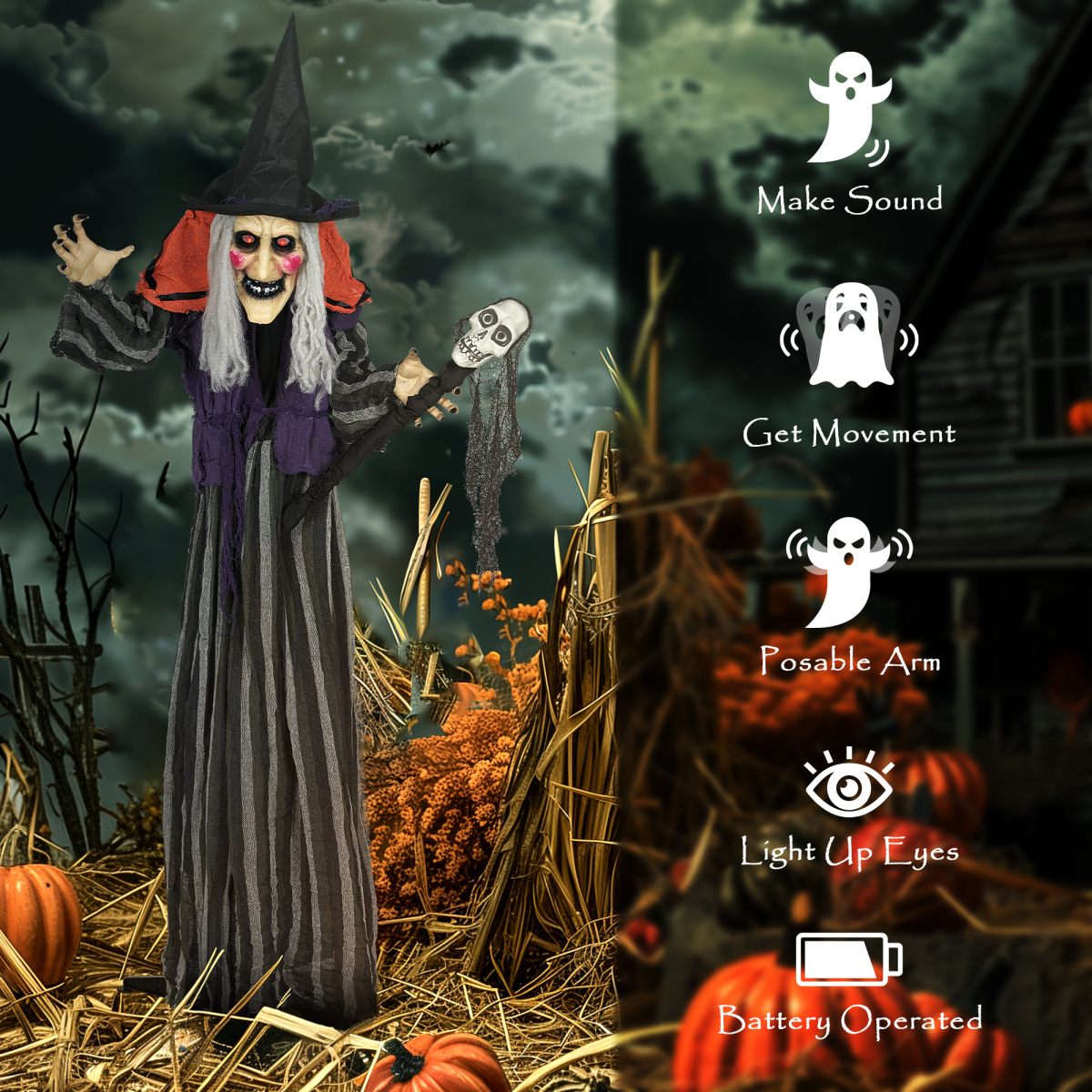 Outsunny Voice Activated Halloween Animatronic Standing Witch with Skull Staff – 160 cm Life-Size