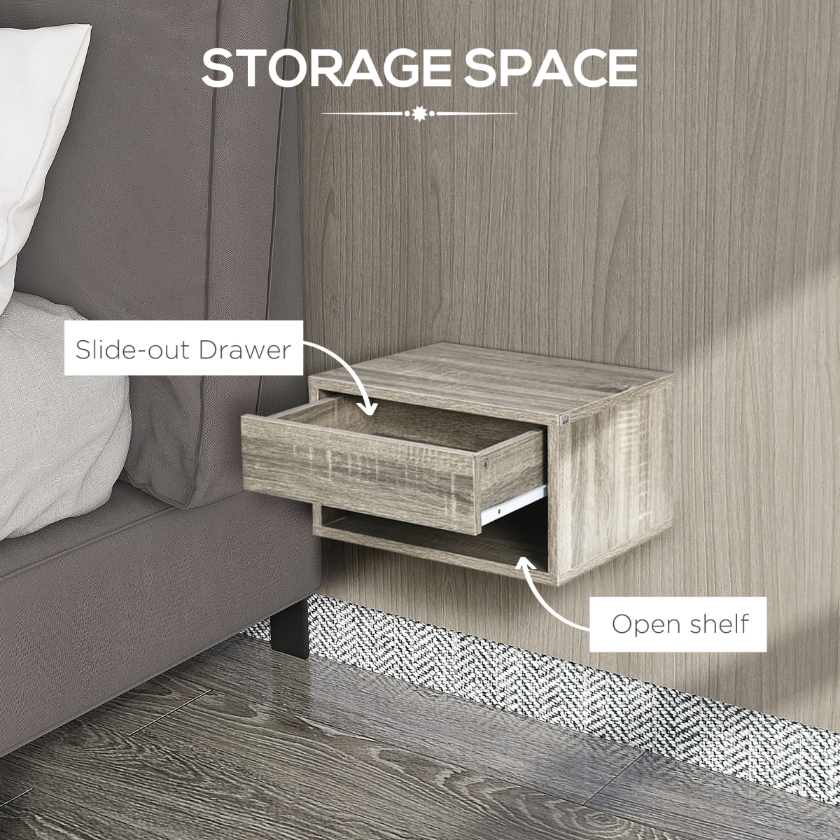 HOMCOM Set of 2 Floating Wall Mounted Bedside Tables with Drawer and Shelf – Nightstands, Brown