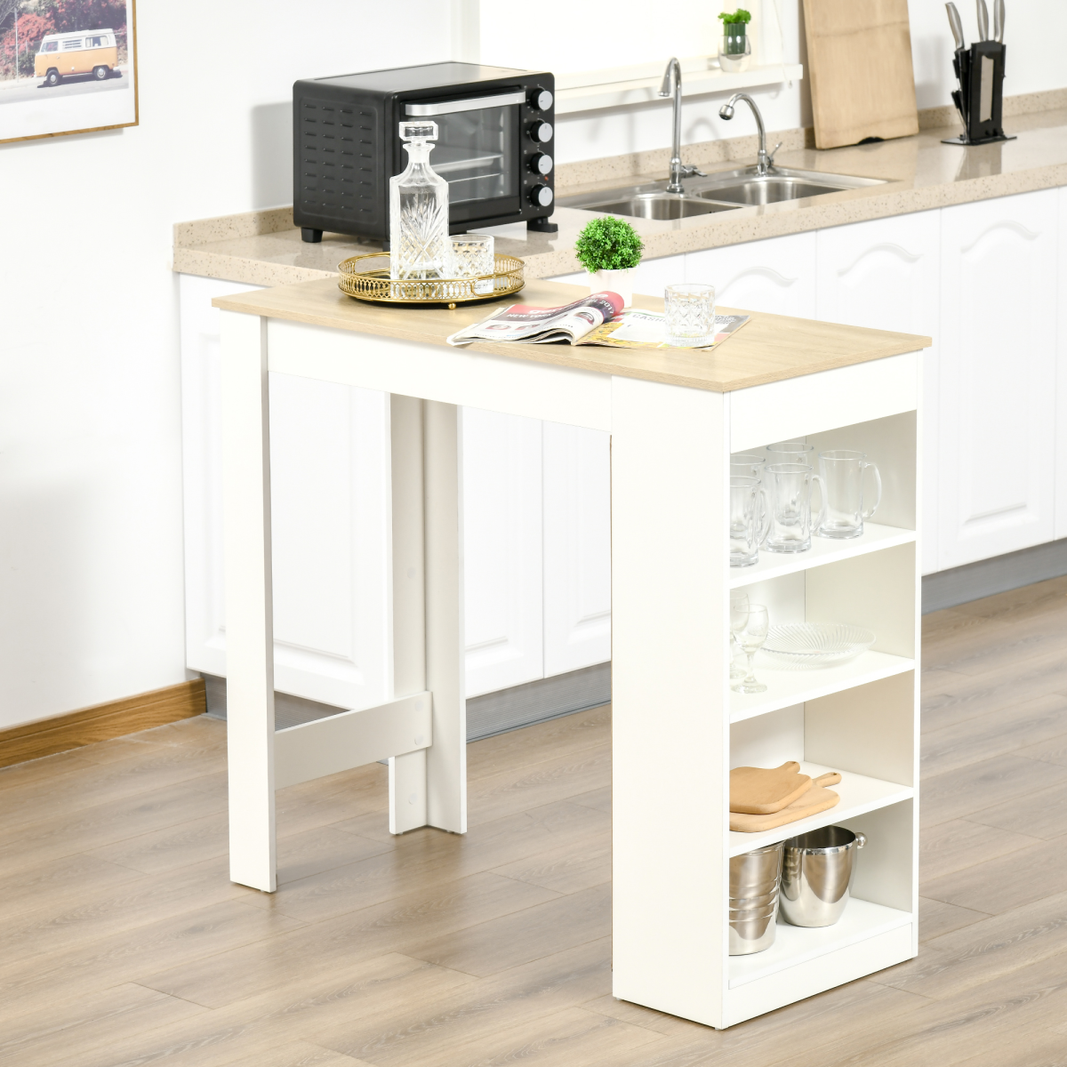 HOMCOM Bar Table with 4-Tier Side Shelves – Compact Kitchen Dining Table, Natural