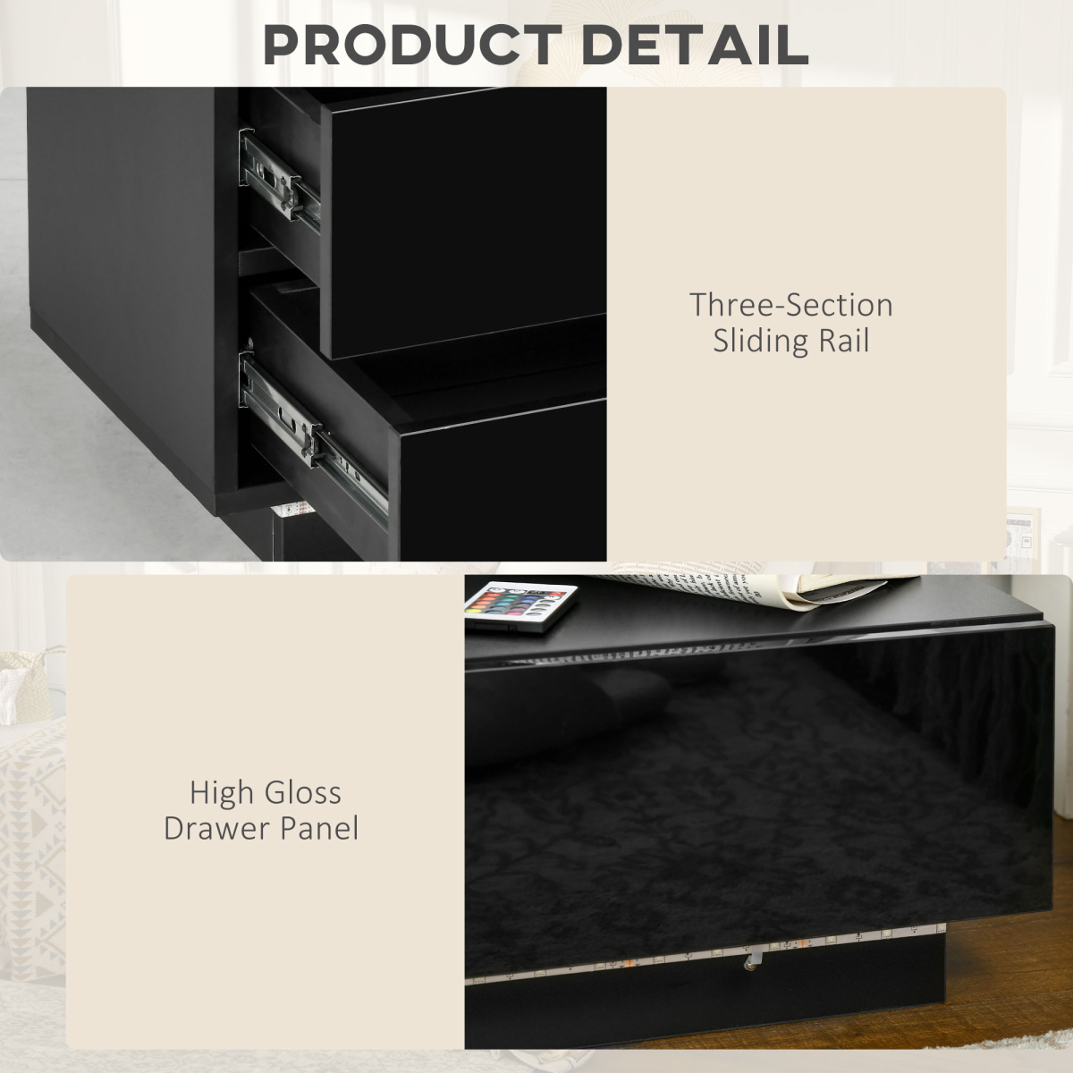 HOMCOM High Gloss Bedside Table with 2 Drawers and LED Light Remote – Modern Nightstand, Black