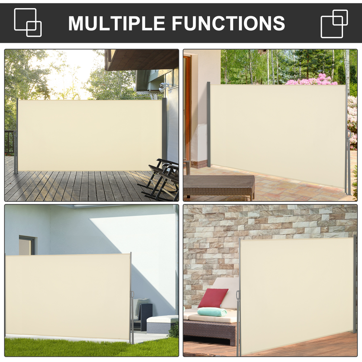 Outsunny 3 x 1.6m Retractable Side Awning Privacy Screen with Steel Frame & 180gsm Canopy – Patio Divider, Cream