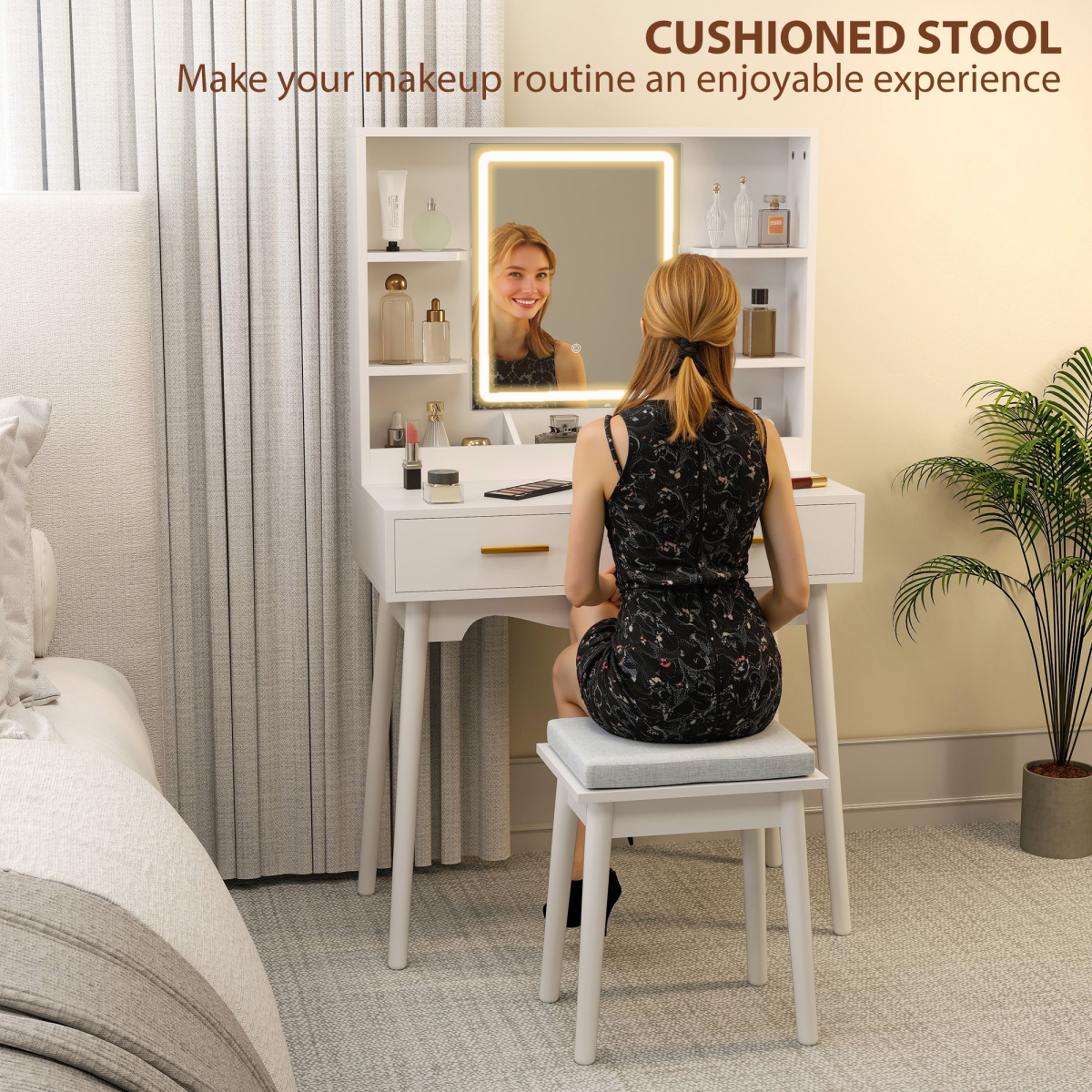 HOMCOM Dressing Table Set with LED Lighted Mirror, 2 Drawers, 4 Shelves & Cushioned Stool – White and Gold
