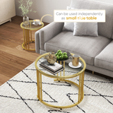 HOMCOM Set of 2 Round Nesting Coffee Tables with Tempered Glass Tops – Space-Saving Gold Tone Side Tables
