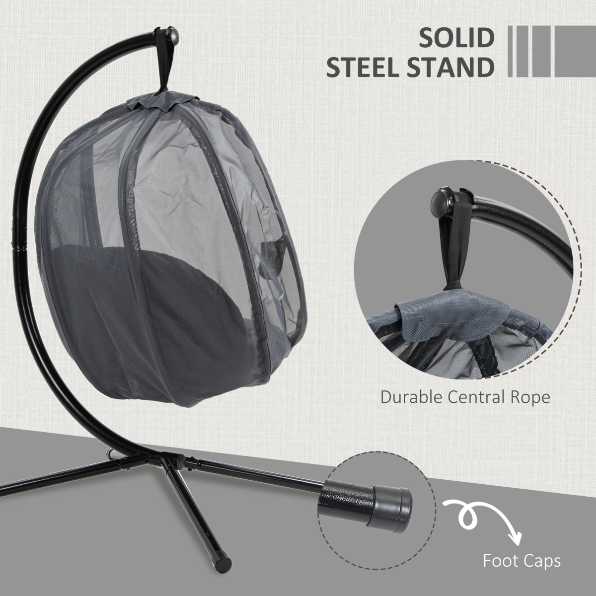 Outsunny Folding Hanging Egg Chair with Cushion, Stand & Pocket – Indoor Outdoor Swing Seat, Grey