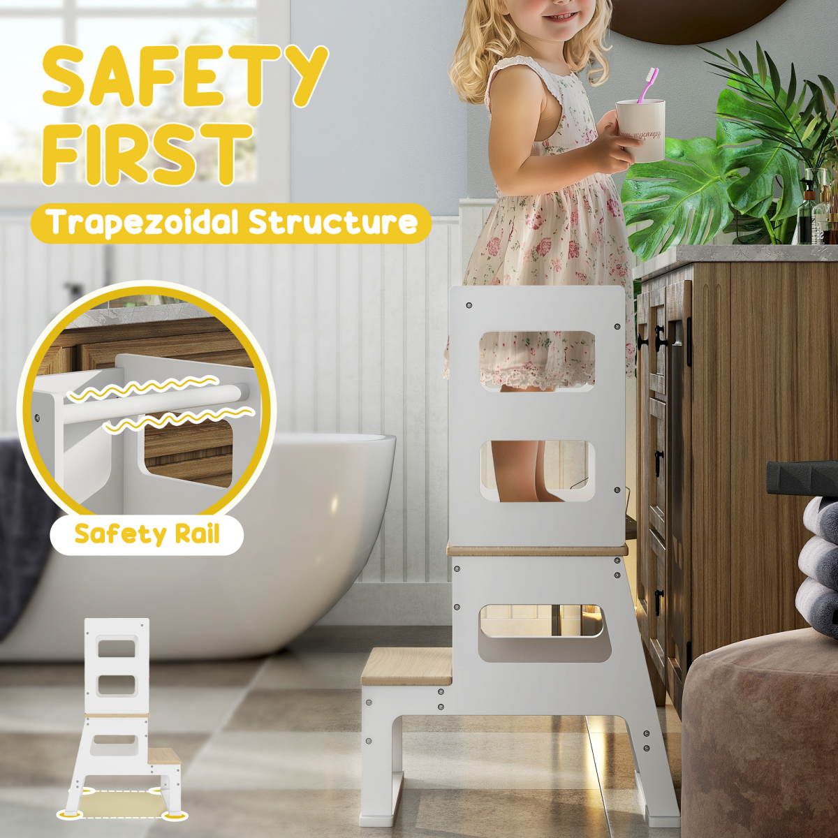 AIYAPLAY 2 in 1 Toddler Tower with Chalkboard & Safety Rail – Kitchen Helper Step Stool, White and Natural Wood