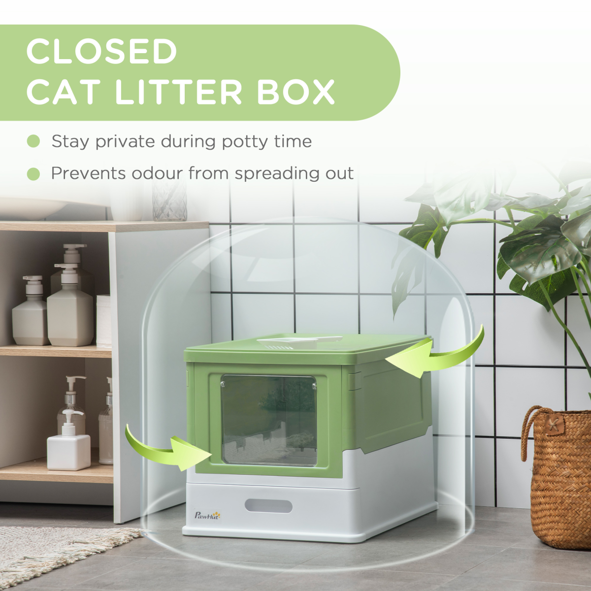 PawHut Hooded Cat Litter Box with Scoop and Tray – Enclosed Pet Toilet with Front and Top Entry, Lime Green