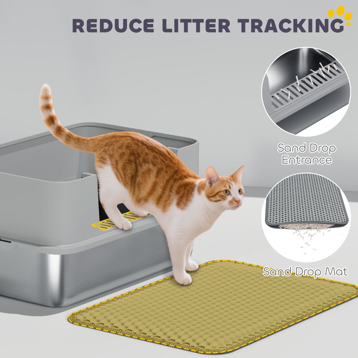Stainless Steel Cat Litter Box with Scoop, High Sides & Snap-Lock Lid – Litter Tray with Sand Drop Zone & Mat, Grey