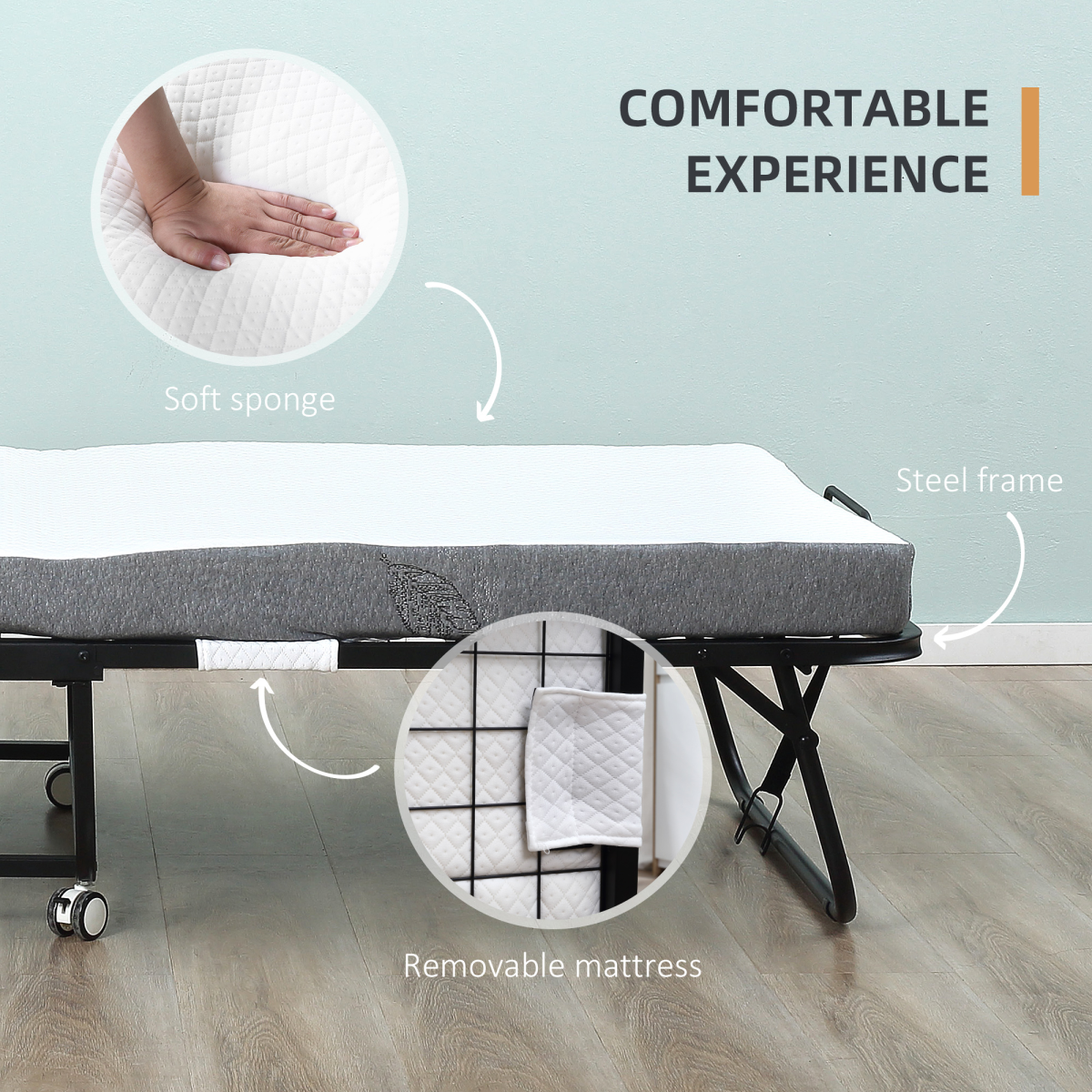 HOMCOM Folding Guest Bed with 10cm Mattress – Portable Metal Frame with Castor Wheels