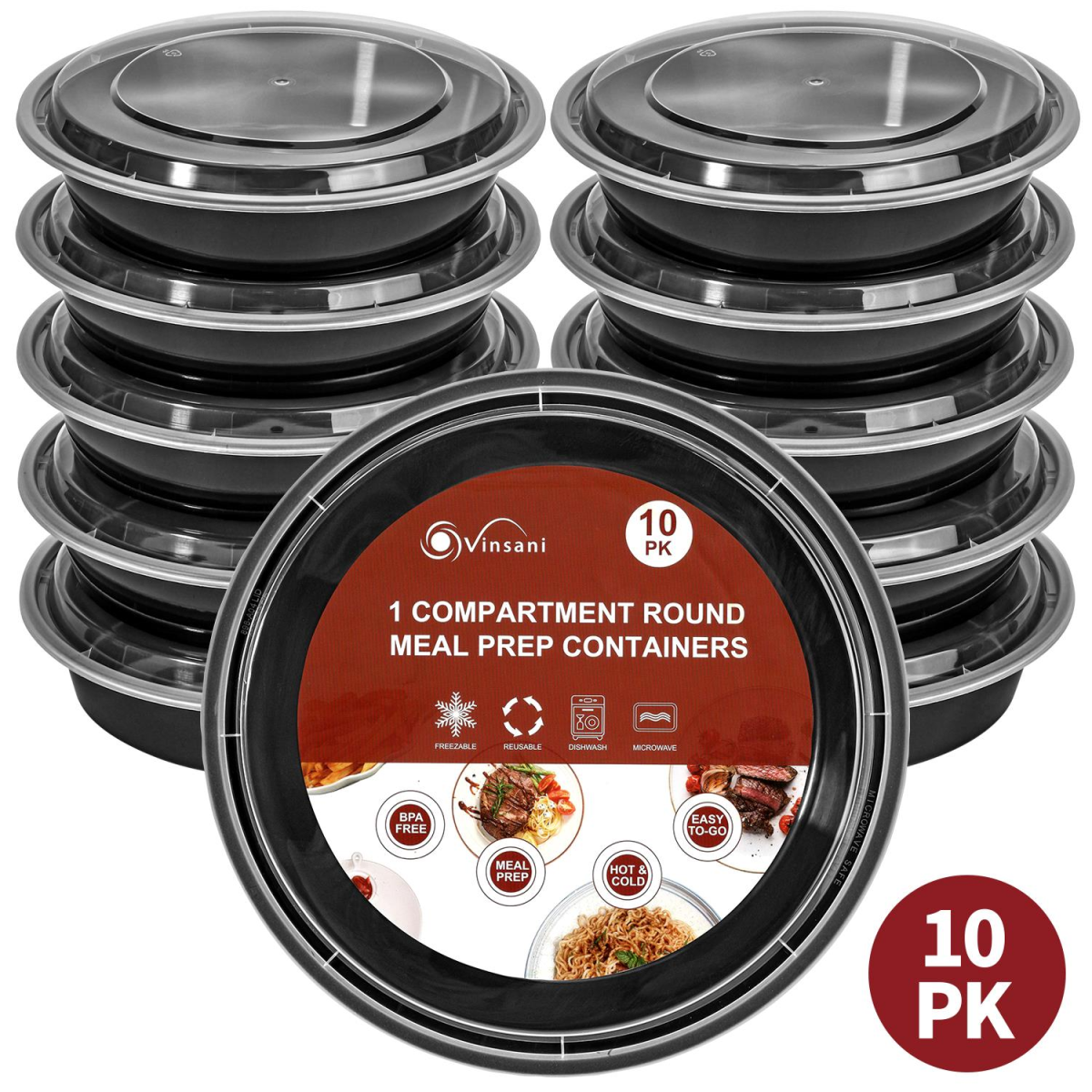 VINSANI 20-Pack Round Meal Prep Containers with Lids – Airtight, Stackable Food Storage