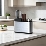Stainless Steel Cutlery Holder with 3 Compartments – Free-Standing Knife Block and Utensil Organiser, Silver