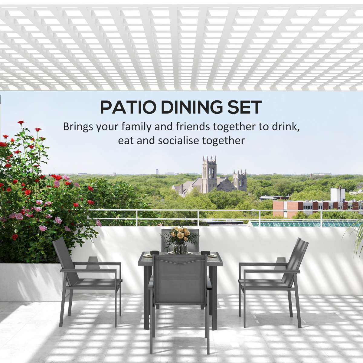 Outsunny 5-Piece Garden Dining Set with Tempered Glass Table and 4 Mesh Chairs – Patio Furniture, Grey