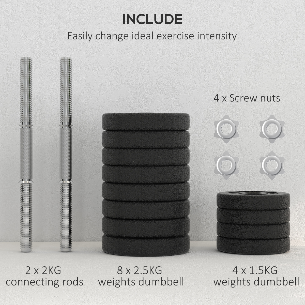HOMCOM 30kg Adjustable Dumbbell Set with Connecting Rods & Non-Slip Grips – Home Gym Hand Weights, Black