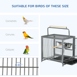 Wrought Iron Bird Cage with 4 Access Doors, Wooden Perch & Removable Tray – Portable Metal Cage with 2 Stainless Steel Bowls, Black