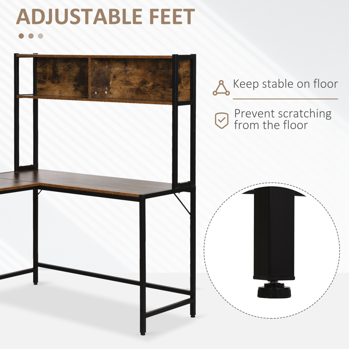 HOMCOM Industrial L-Shaped Desk with Upper Shelf, 149 x 140cm – Corner Home Office Workstation, Brown & Black