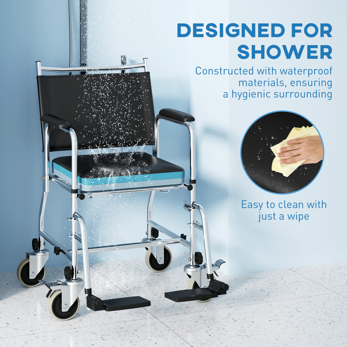 HOMCOM 3-in-1 Commode Shower Chair & Wheelchair with Footrest – Padded Bathroom Mobility Aid, Black