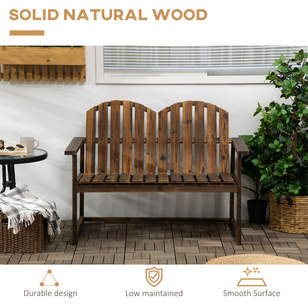 Outsunny Outdoor Wooden Bench for Two – Fir Wood Patio Loveseat with Slatted Backrest, Rustic Look