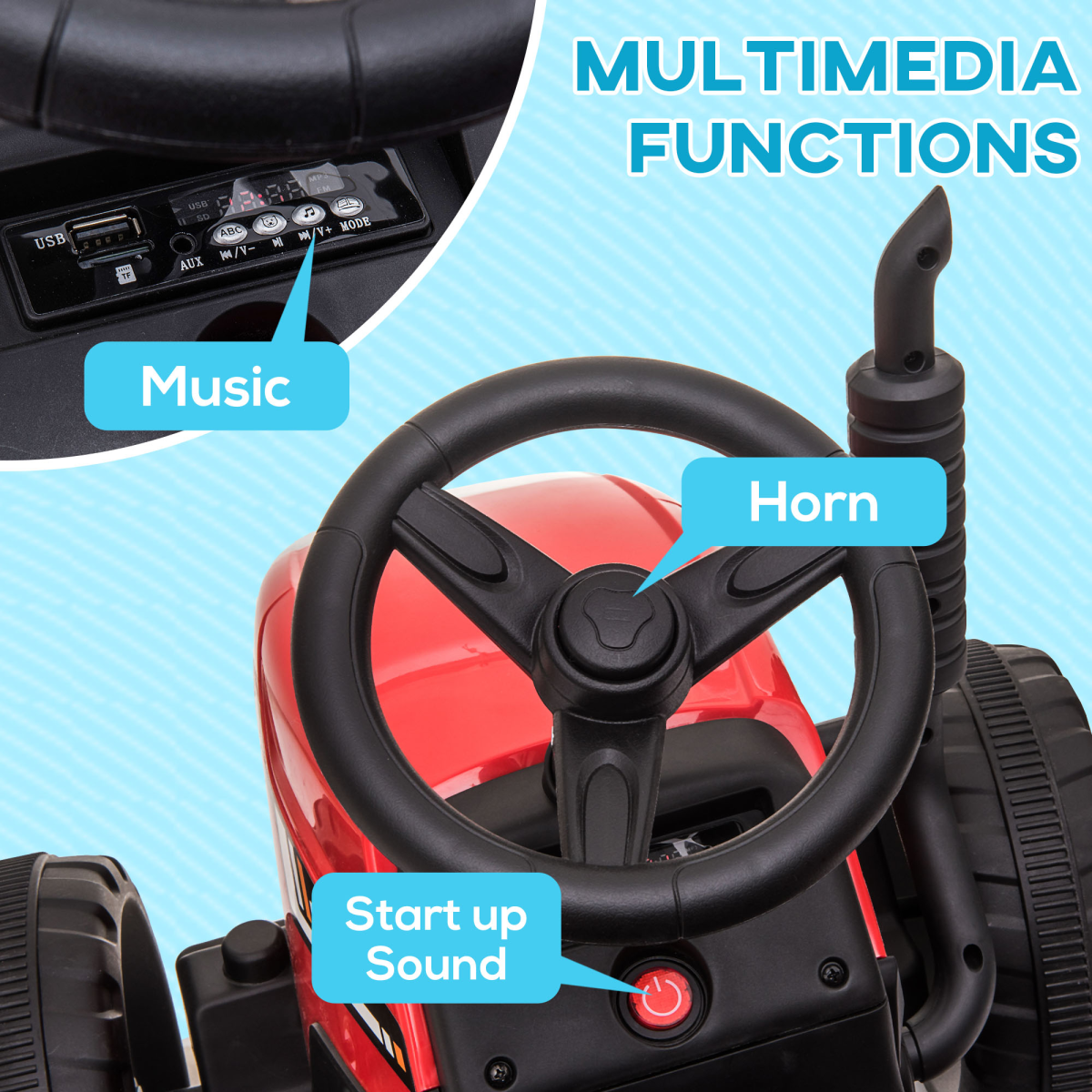 HOMCOM Ride-On Tractor with Detachable Trailer, Remote Control & Music – Kids Electric Toy, Red