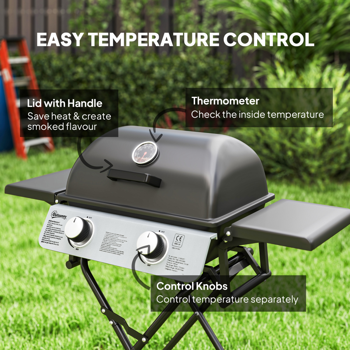 Outsunny Portable Foldable Gas Barbecue Grill with Lid and Thermometer, Two Burners – Suitcase BBQ, Black