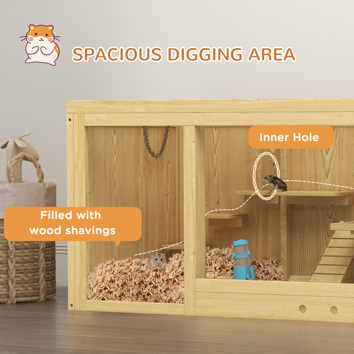 PawHut Wooden Hamster Cage with Water Bottle, Platforms, Seesaw & Openable Roof – Dwarf Hamster Habitat