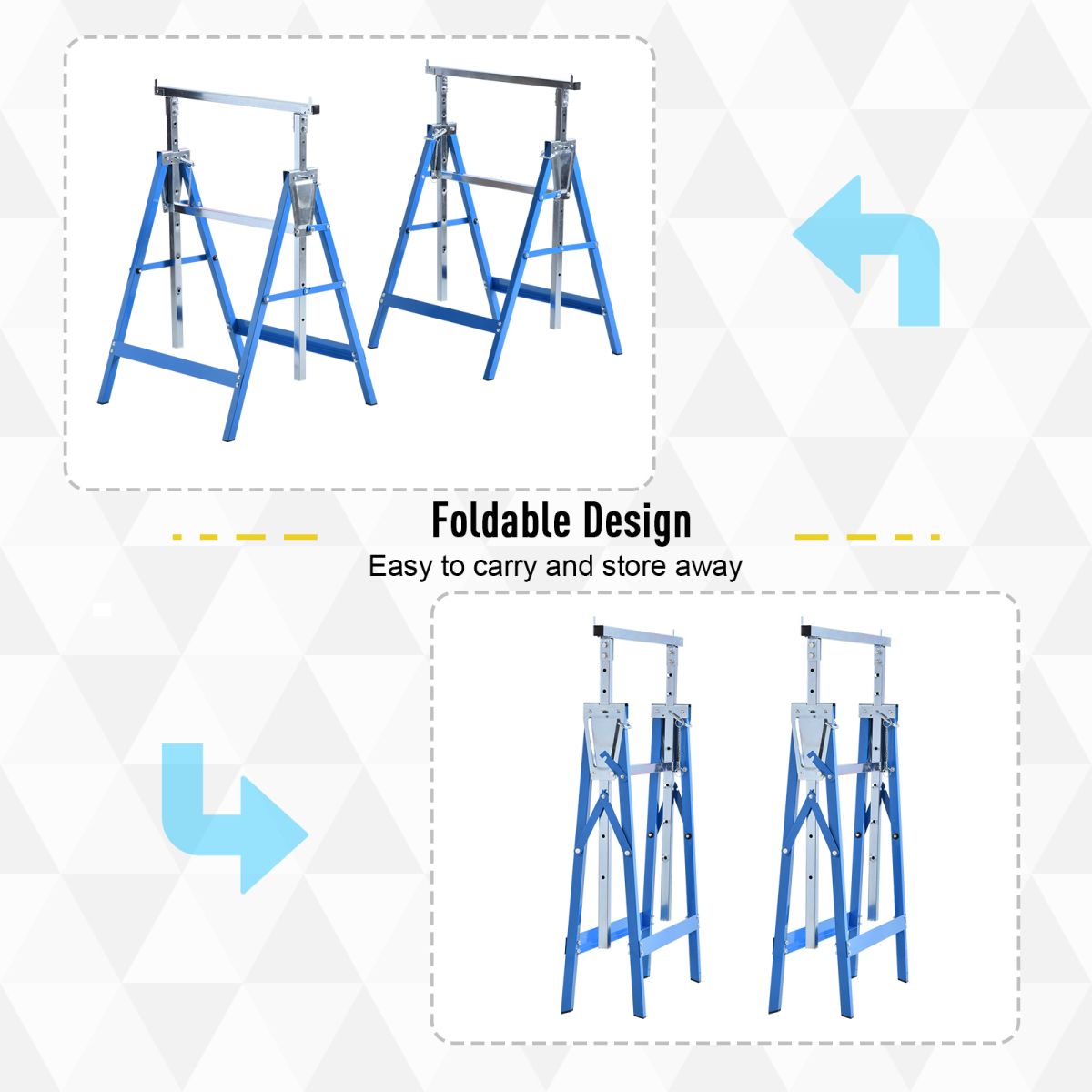 HOMCOM Set of 2 Steel Saw Horses with Adjustable Telescopic Height – Foldable Builders Trestles for DIY