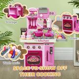 AIYAPLAY Kids Play Kitchen with 33 Accessories, Lights, Sounds and Storage – Pretend Cooking Toy, Pink
