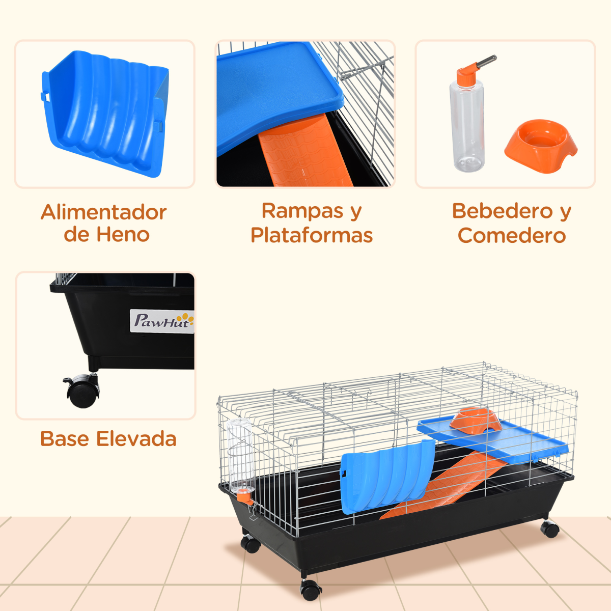 Pawhut 89cm Small Animal Cage with Lockable Wheels, Platform & Ramp – Rabbit, Ferret & Chinchilla Home, Black