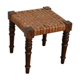 Artisan Furniture Solid Wood Woven Leather Top Footstool – Country Style Handcrafted Seat, Chestnut Finish, Brown