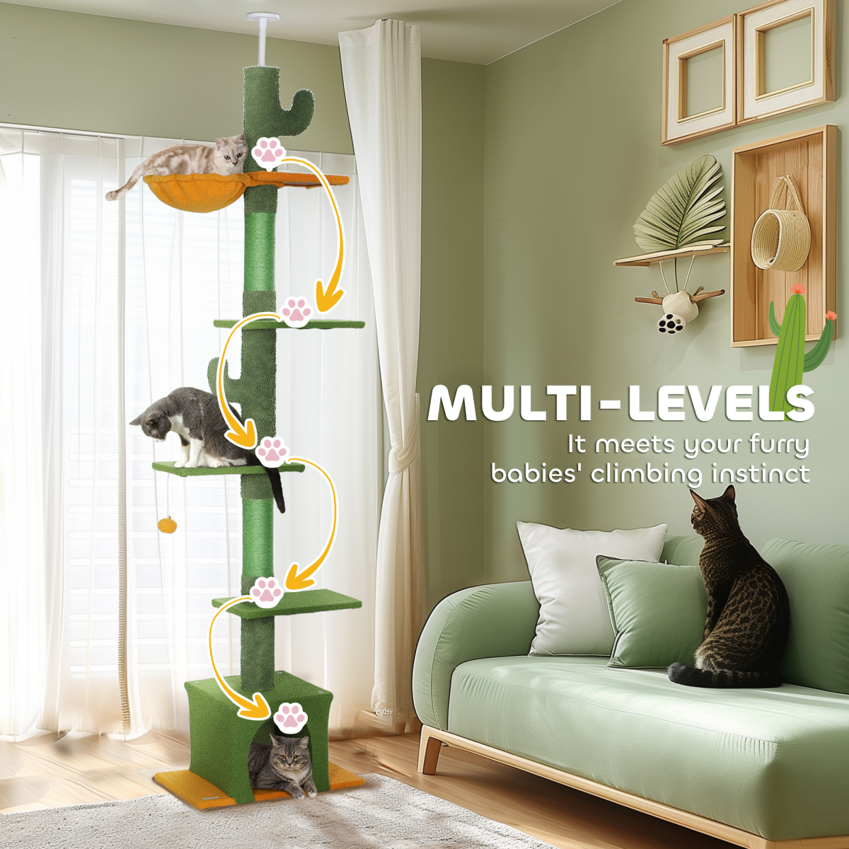 PawHut 230-275cm Floor-to-Ceiling Cat Tree for Indoor Cats with Cat House, Hammock & Anti-Tip Kit – Green