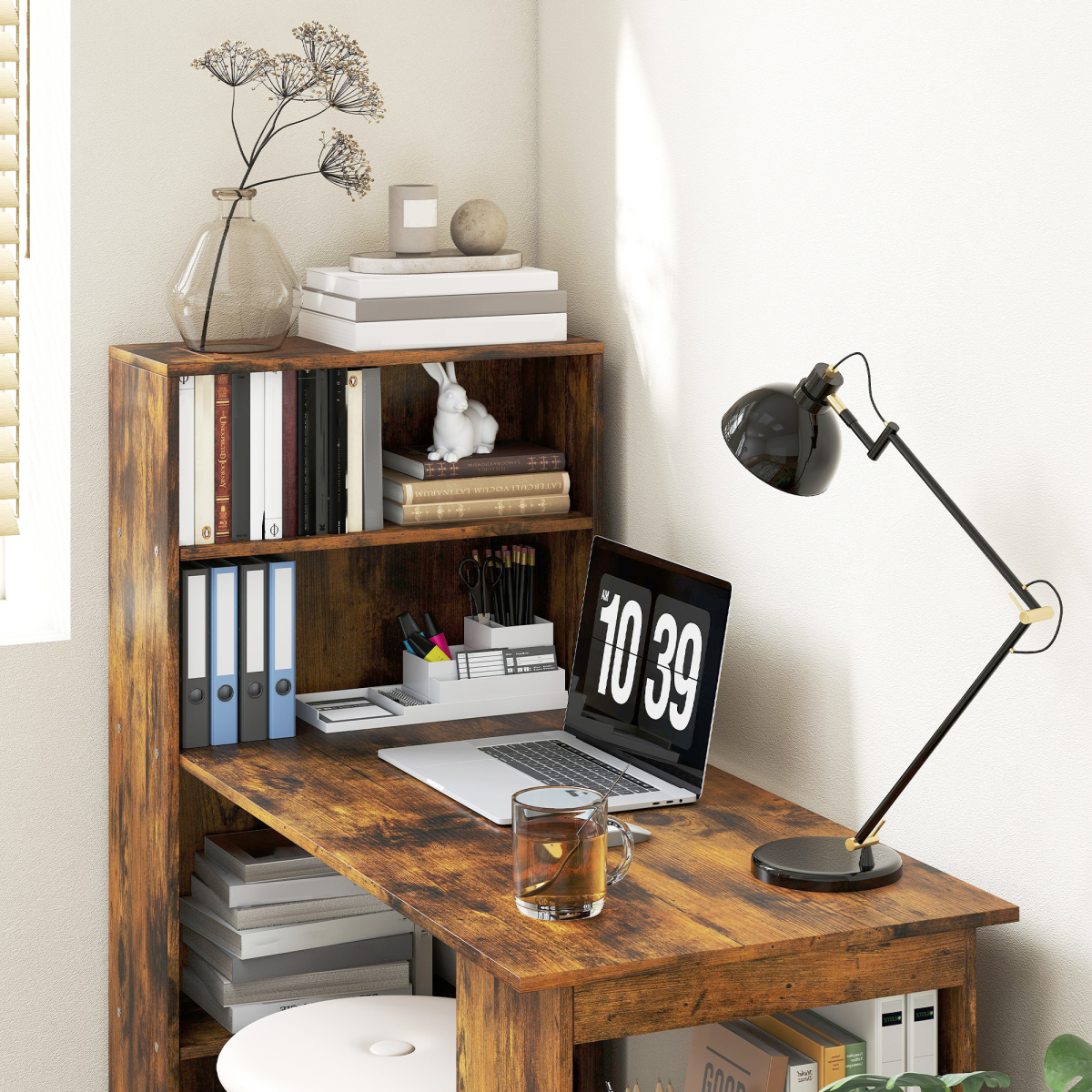 Computer Desk with 6 Storage Shelves & Large Work Surface – 120cm Home Office Writing Table, Rustic Brown