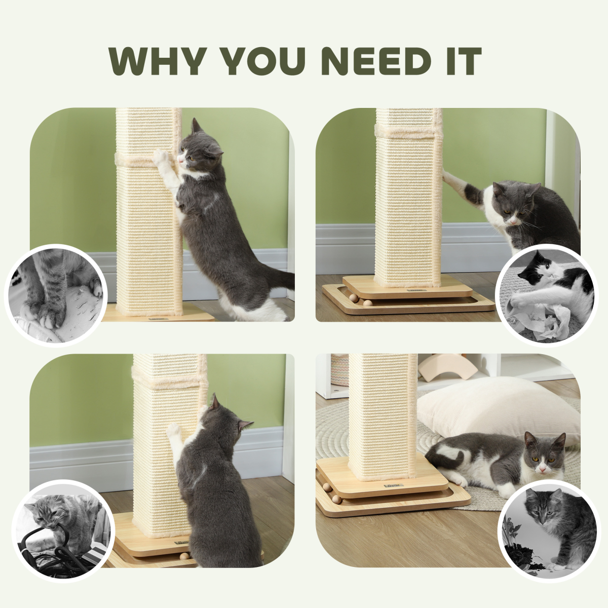 PawHut 87cm Cat Scratching Post 3-in-1 with Sisal Cover, Turntable Rail & Track Ball Toy – Oak