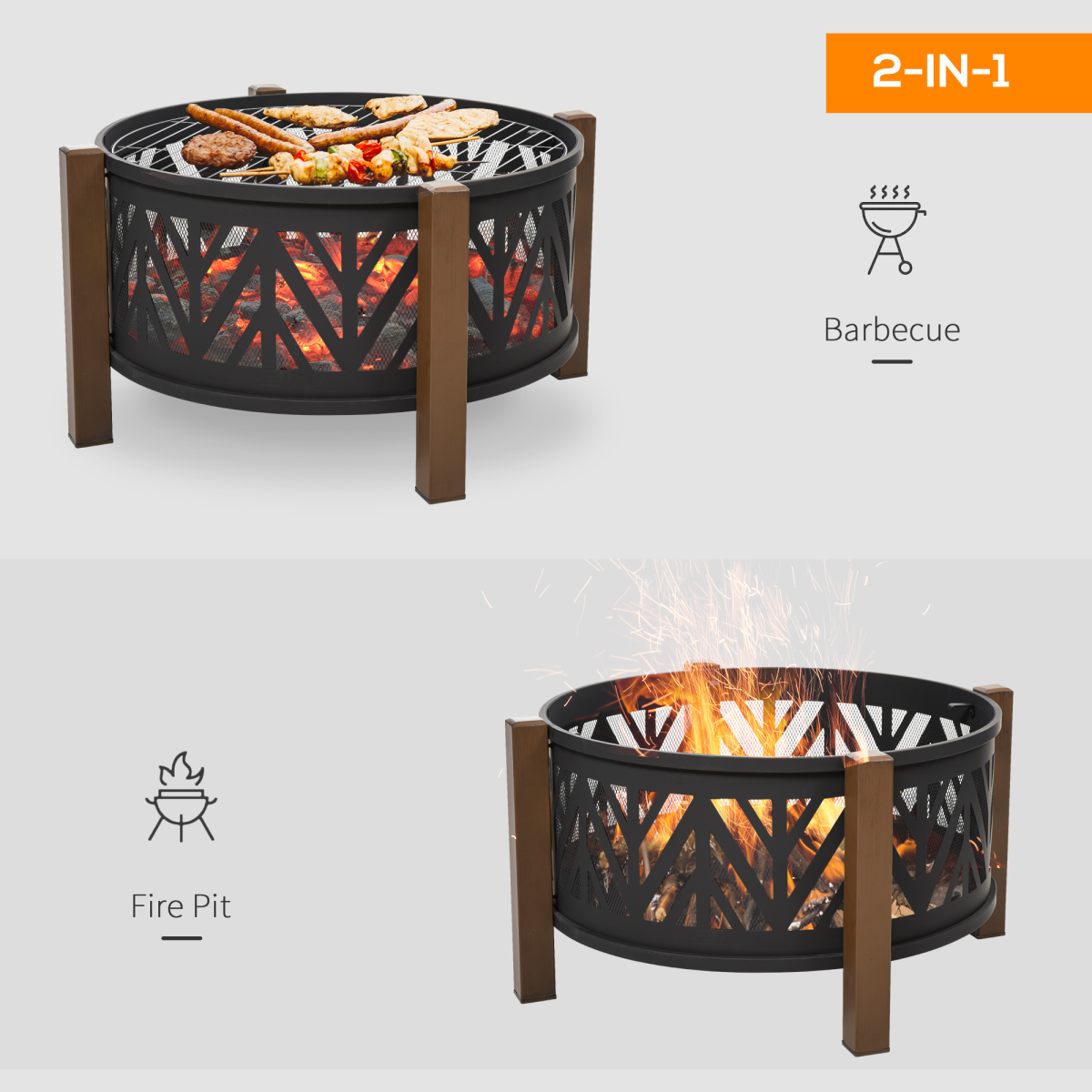 HOMCOM 2-in-1 Outdoor Fire Pit Bowl with BBQ Grill Grate and 30" Mesh Spark Screen Cover – Poker Included