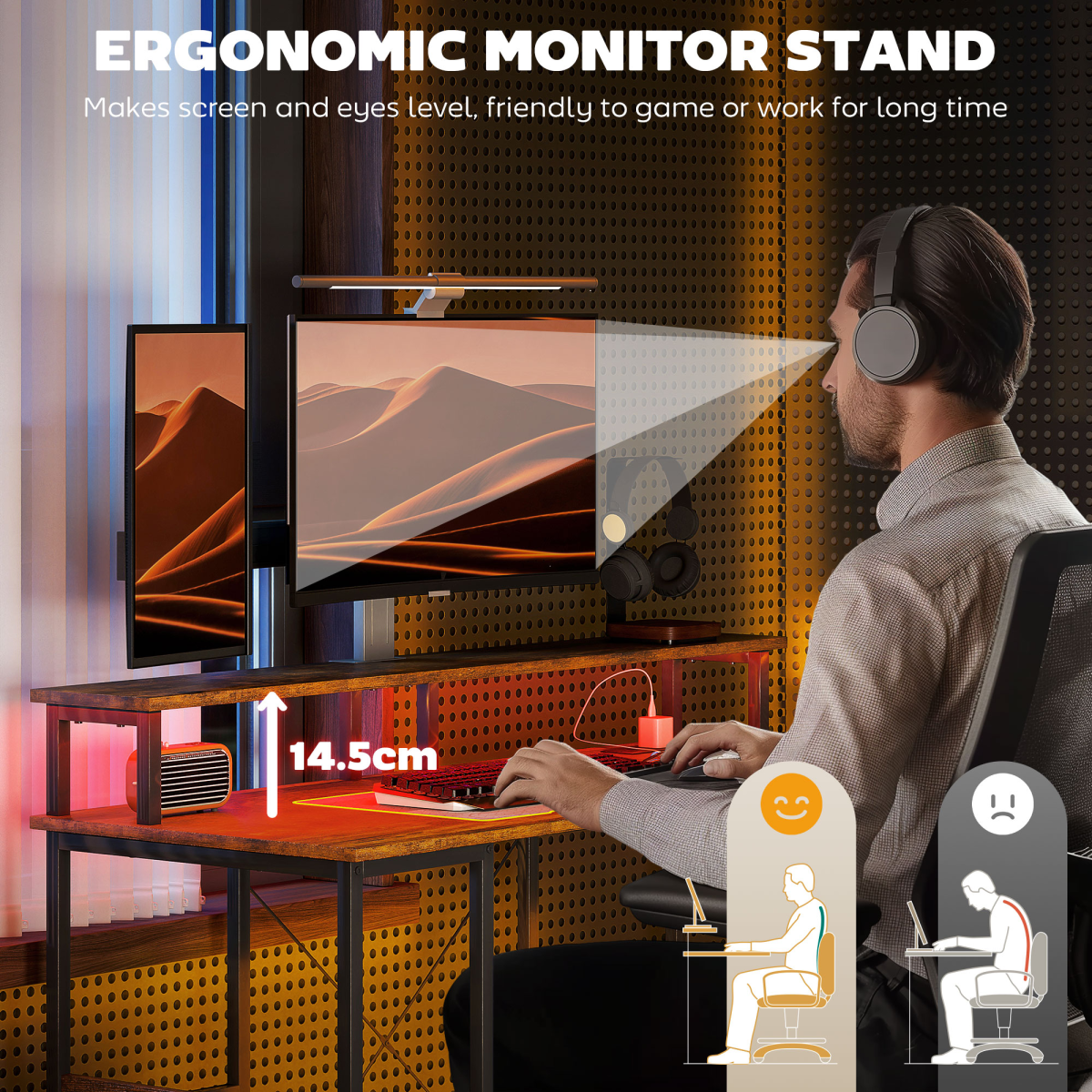 HOMCOM Industrial Gaming Desk with RGB LED Lighting, Charging Station & Monitor Stand – Rustic Brown