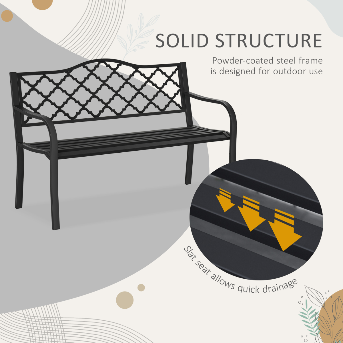 Outsunny 2-Seater Vintage Garden Bench with Steel & Cast Iron Frame, Slatted Seat – Matte Black