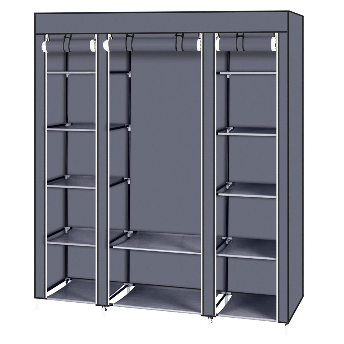 Portable Fabric Wardrobe with Hanging Rail, 12 Shelves & Dustproof Cover, 147 x 44 x 174cm, Grey