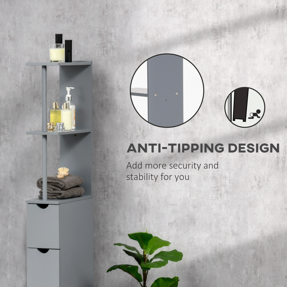HOMCOM Tall Slimline Bathroom Storage Cabinet with Open Shelves, Cupboard and Drawers – Anti-Tipping Design, Grey