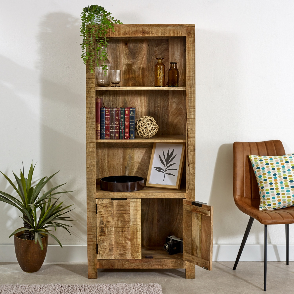 Surrey Solid Mango Wood Bookcase with 2 Doors & 3 Shelves – Living Room & Study Storage