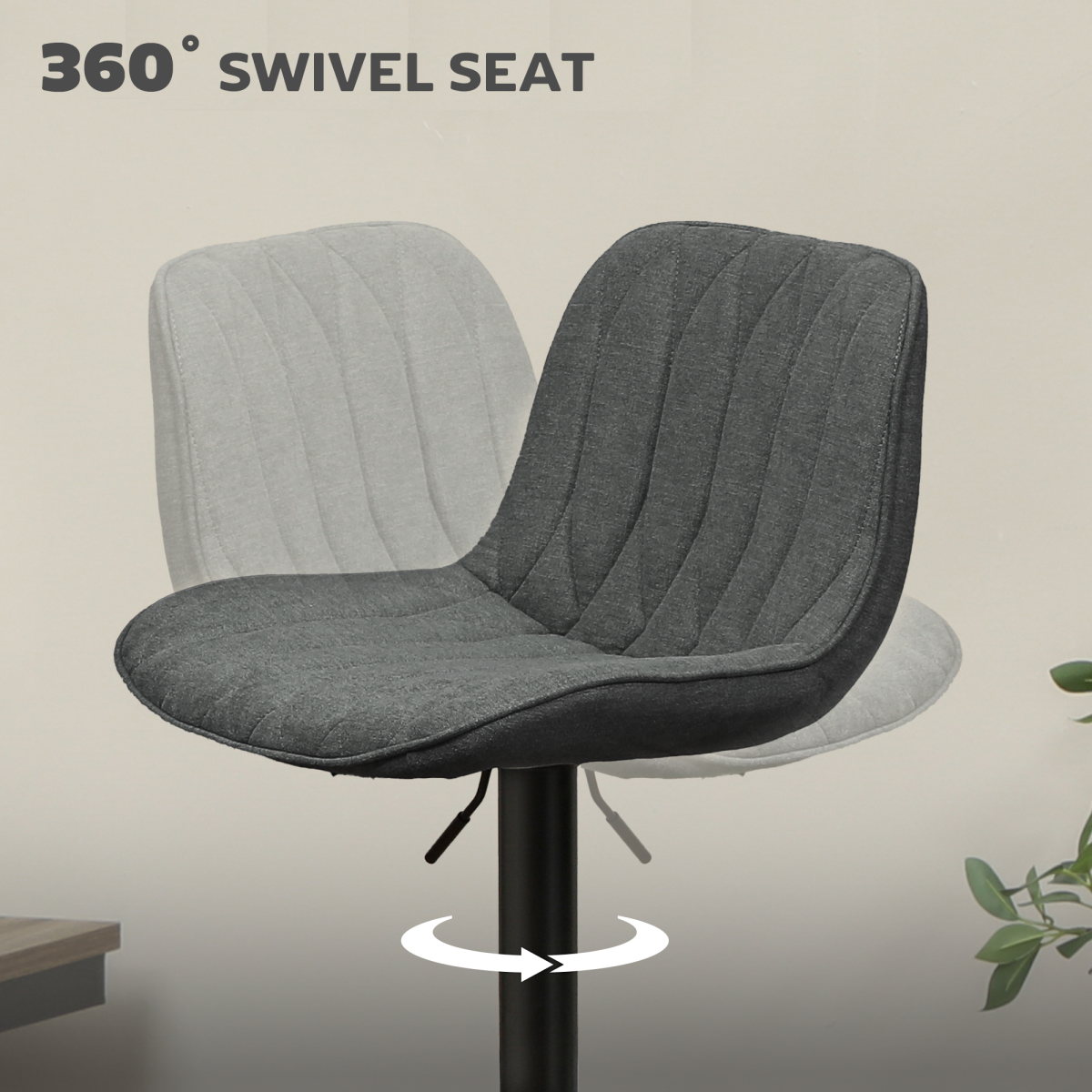 Set of 2 Adjustable Swivel Bar Stools with High Backs & Gas Lift – Linen-Look Counter Chairs, Charcoal Grey