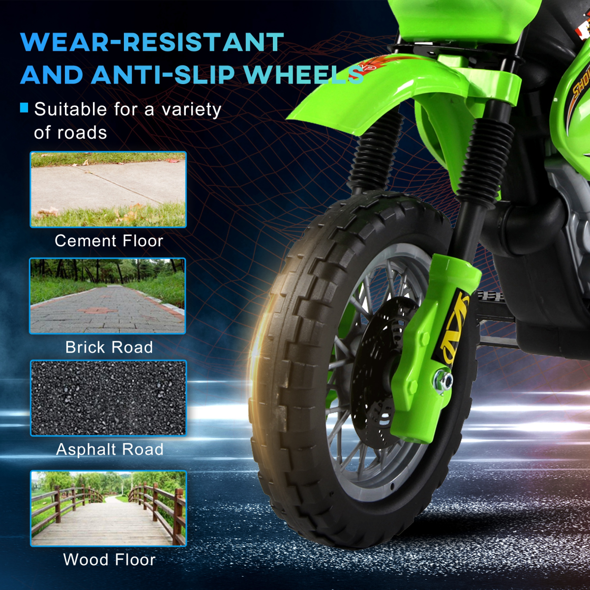 Kids 6V Electric Ride-On Motorbike with Headlights, Music and Horn – Motocross Style for Ages 3–6, Green
