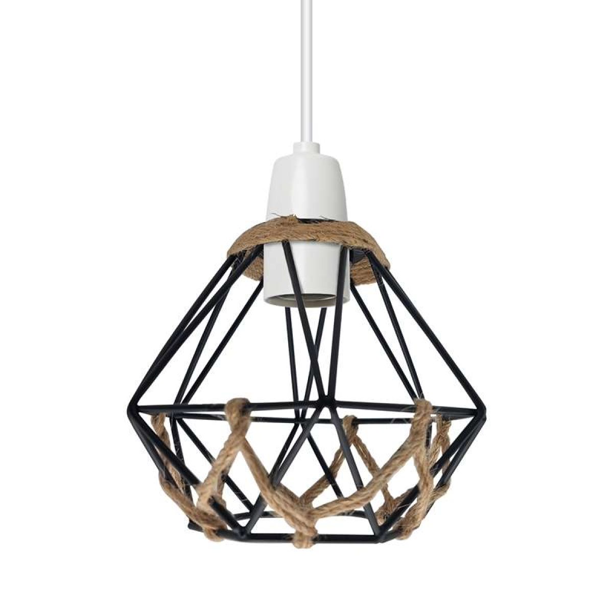 LEDSone Vintage Diamond Hemp Rope Lampshade with Reducer Ring – Metal Cage Pendant Light Shade, Black