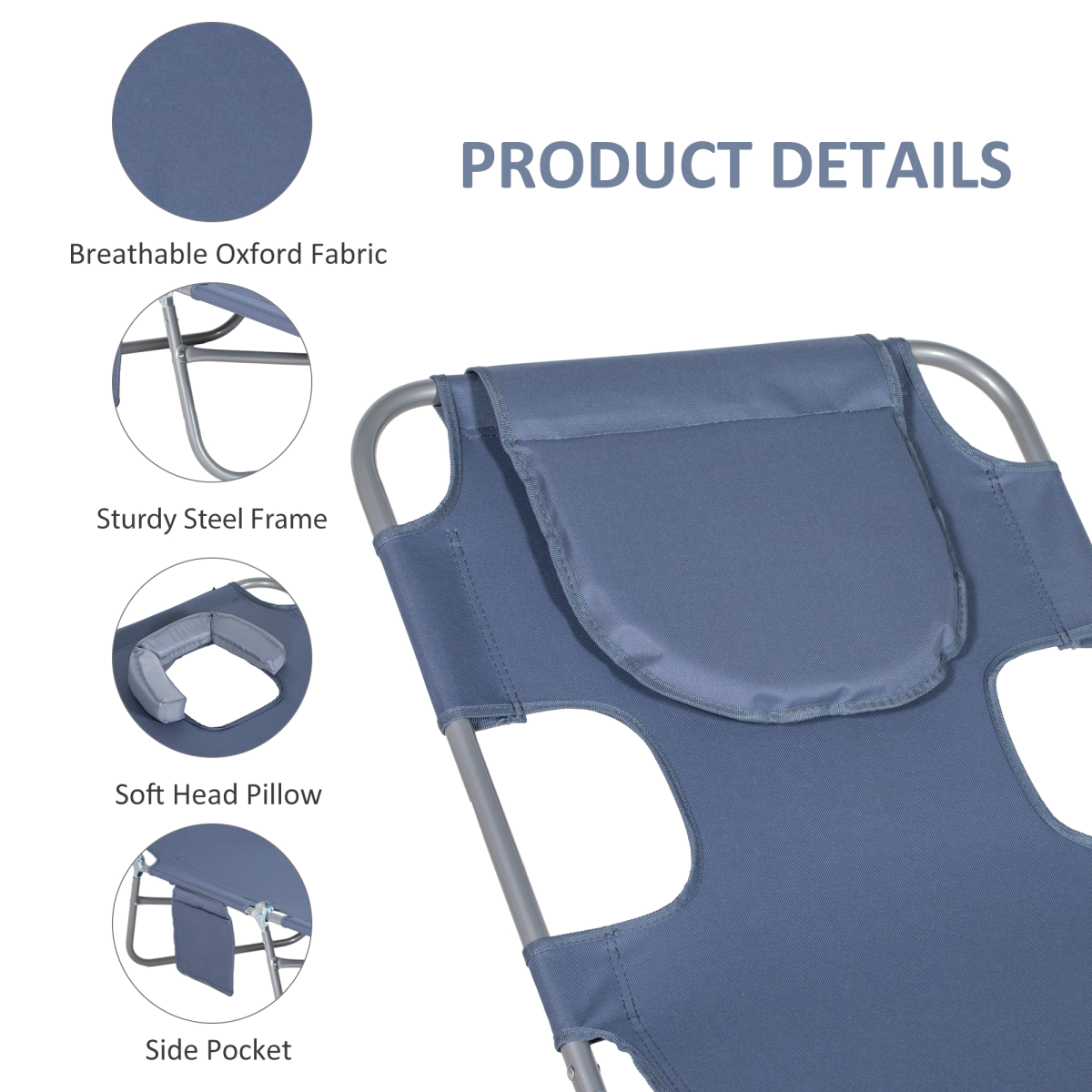 Outsunny Folding Beach Chaise Lounge with Padded Face Hole & 5-Level Adjustable Backrest – Sun Lounger, Grey